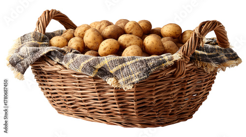 wicker basket of small potatoes freshly harvested, rustic kitchen theme, isolated on white background