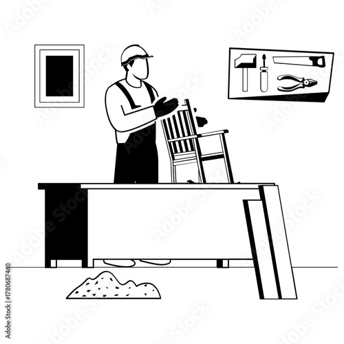 Traditional Furniture Making workshops interior vector design, carpenters banner, woodworker scene, tradesperson and craftsmen stock illustration, craftsman Inspecting finished chair concept