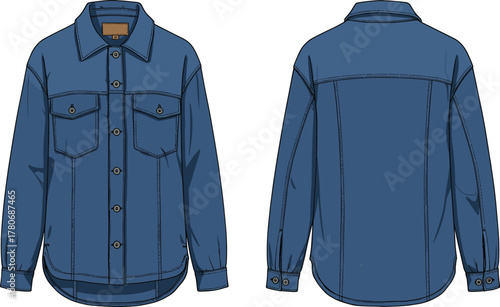 Denim shirt technical sketch, front and back view, fashion flat drawing, garment template, long sleeve, button down, apparel design