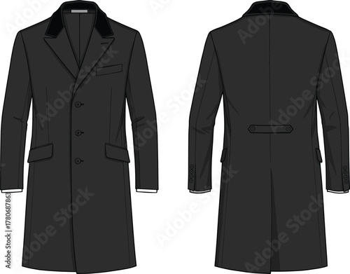 Formal overcoat illustration, black coat, fashion sketch, tailored garment, velvet collar, business wear, technical drawing, menswear design, elegant outerwear, coat template