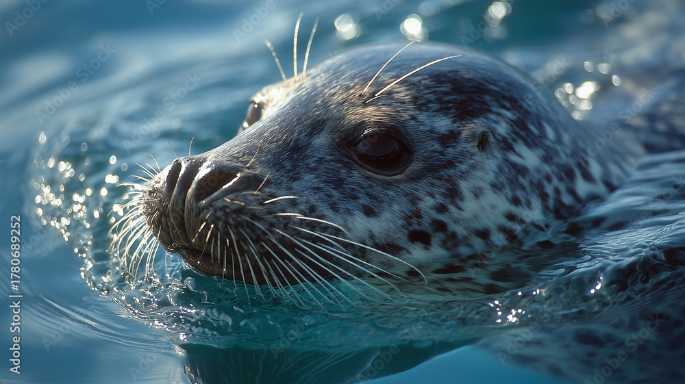 Fototapeta premium アザラシが夏の海面で穏やかに浮かぶ