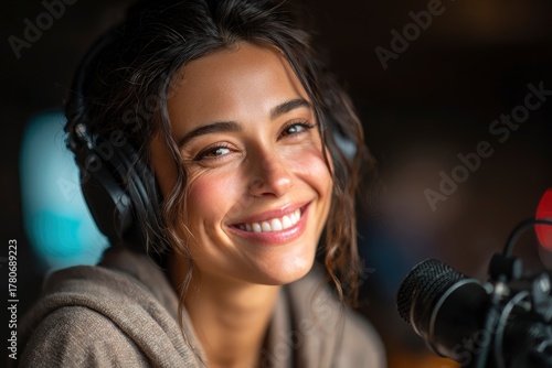 Smiling woman with headset in podcasting studio exudes positive energy and authentic connection.