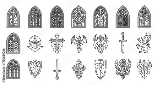 Medieval vector design elements with heraldic symbols and architectural ornaments collection