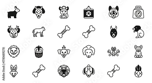 Collection of animal icons featuring dogs, lions and rabbits in minimalistic style