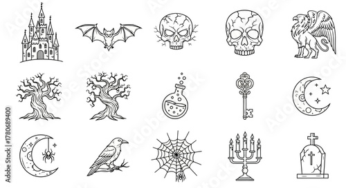 Collection of hand-drawn spooky Halloween elements featuring bats castles skulls and moons ideal