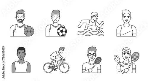 Diverse athletes portraits showcasing various sports activities in monochrome outline style