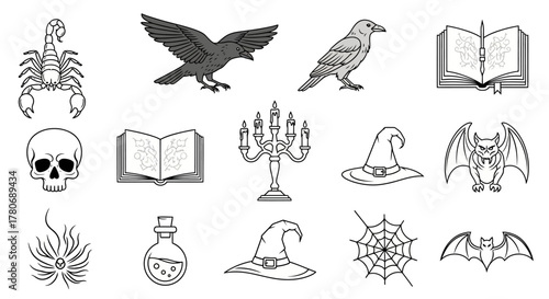 Collection of stylized halloween themed elements featuring classic symbols of mystery and magic