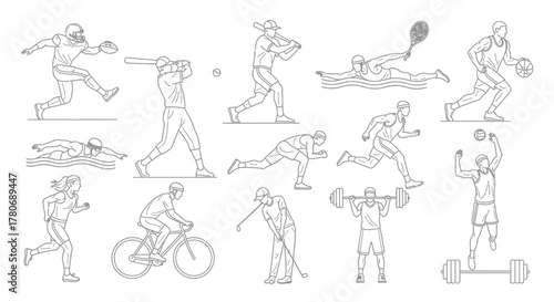 Diverse athletic pursuits depicted in minimalist line art showcasing dynamic sports figures