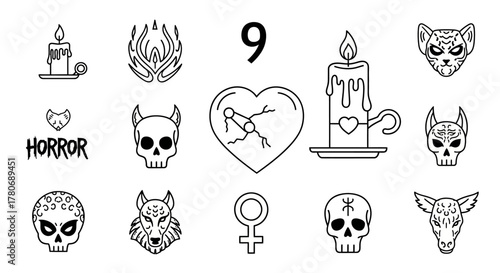Collection of outline vector icons and illustrations depicting occult and horror themes
