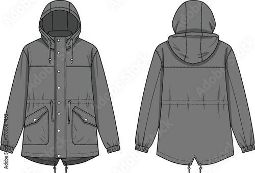 Technical parka jacket sketch, front and back view, hooded outerwear design, fashion flat drawing, winter coat illustration, garment template