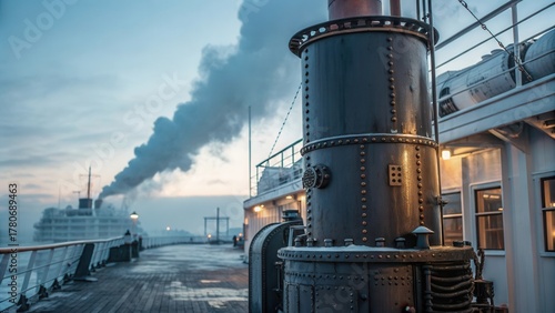 Obraz na płótnie Steaming ship stack in cool tone industrial landscape