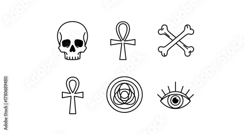 Simple black and white esoteric symbols including a skull ankh crossed bones and an eye