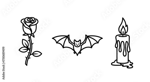 Gothic illustrative tattoo design featuring a rose bat and candle arrangement for printing on