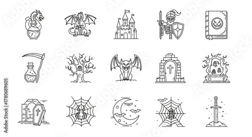 Outlined spooky illustrations, collection of Halloween themed images line art