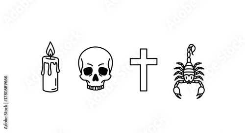 Minimalist symbolic line art featuring mortality, faith, and danger elements aesthetic and spooky