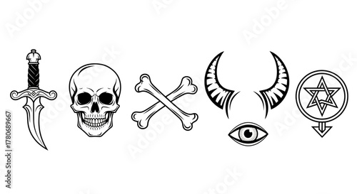 Dark symbolic vector set with sword, skull, bones, horns, eye, and esoteric symbol for dark