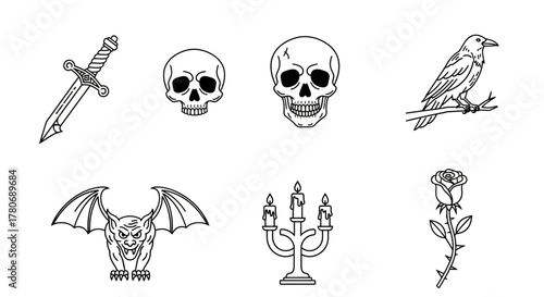 Black and white tattoo flash sheet featuring skulls, gargoyle, crow, sword and other