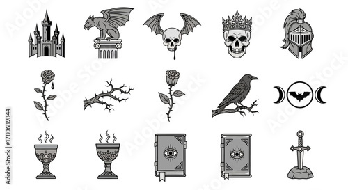 Gothic and mysterious vector art assets collection for dark fantasy designs and occult themes