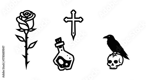 Ethereal symbolic emblems composition, featuring a gothic rose, potent potion, sacred cross and a
