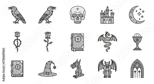 Creepy cartoon design element set for Halloween or magical adventure story illustration