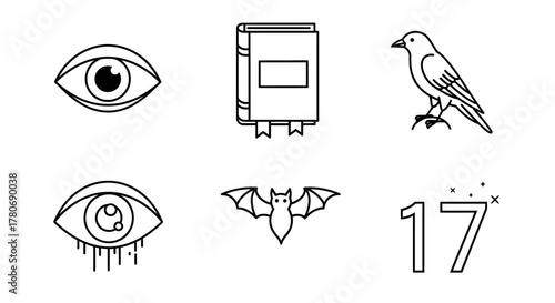 Collection of occult themed linear icons including an eye a book a bird and a bat