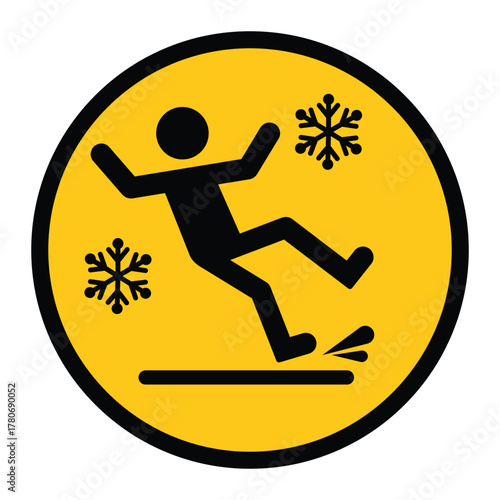 Circular yellow warning sign showing a person slipping on ice with snowflake icons. Symbol represents caution for icy or slippery surfaces, winter safety, and fall prevention awareness.