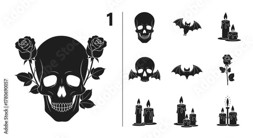 Silhouetted skull with roses adjacent to a collection of dark gothic icons and halloween themes