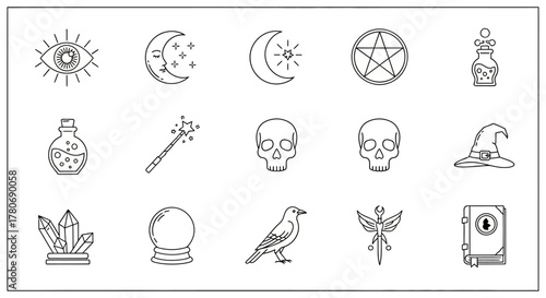 Mystical icons collection featuring alchemical symbols and occult elements outlined in vector format