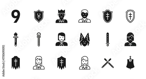 Symbolic collection of stylized icons for medieval fantasy characters and elements seamless