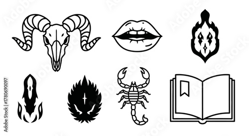 Mystical symbol collection, featuring esoteric motifs of occult significance and symbolic meanings