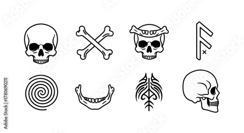 Stylized graphic illustration featuring a collection of monochrome symbolic tattoo flash art