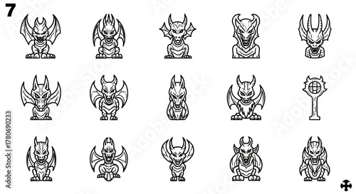 Collection of fantasy gargoyle creatures in various forms and poses with sharp lines and details
