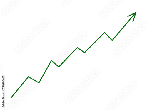 Green fluctuated arrow line graph growing up concept of business grow up sign. Moving up graph arrow indicates stock market business growth, financial profit, economic growth. Vector illustration.