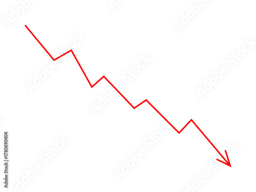 Red falling down arrow line graph indicates financial loss concept, stock market fall, business loss, market crash, economic loss. Red graph arrow downward direction. Vector illustration.