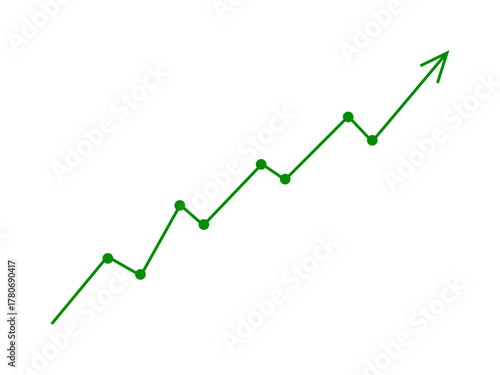 Green fluctuated arrow line graph growing up concept of business grow up sign. Moving up graph arrow indicates stock market business growth, financial profit, economic growth. Vector illustration.
