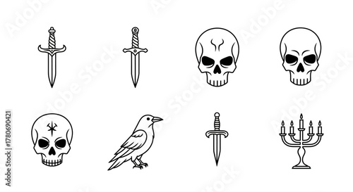 Gothic elements arrangement featuring skulls, daggers, crow, and candelabra in monochrome design