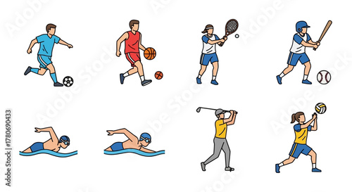 Diverse sporting activities featuring soccer, basketball, tennis, baseball, swimming, golf and