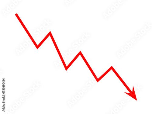 Red falling down arrow line graph indicates financial loss concept, stock market fall, business loss, market crash, economic loss. Red graph arrow downward direction. Vector illustration.