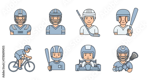 Diverse sports icons showcasing athletes in various gear and equipment representation for design