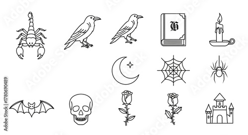 Spooky Halloween themed outlined drawings featuring classic symbols of horror and the macabre
