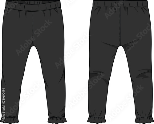 Black leggings front and back view, elastic waistband, ruffle ankle cuffs, fitted silhouette, fashion illustration, garment sketch, apparel design, clothing template