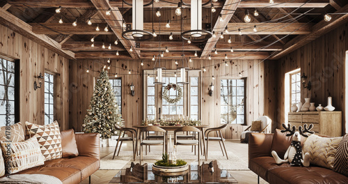 Fototapeta Naklejka Na Ścianę i Meble -  Cozy rustic living room decorated for Christmas with warm string lights, a beautifully adorned Christmas tree, and elegant holiday wreath. 3D Rendering, 3D Illustration	
