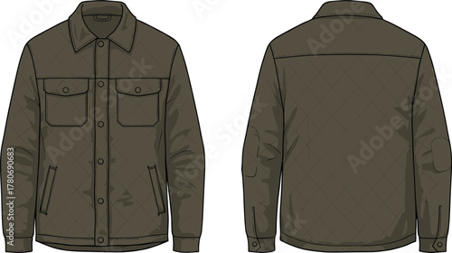 Olive green quilted jacket, front and back view, button-up, outdoor wear, technical sketch, fashion template, casual menswear, collar, pockets