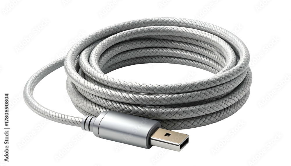 Fototapeta premium Rolled silver braided electronic cable with a connector rests against a dark background