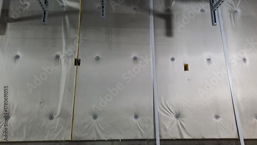building wall insulation installation with thermal blankets and mechanical fasteners on construction site