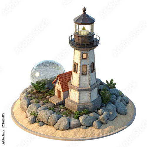 Charming lighthouse guiding ships safely home with its beacon shining bright over a rocky island setting.