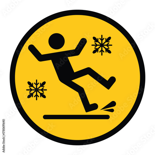 Circular yellow warning sign showing a person slipping on ice with snowflake icons. Symbol represents caution for icy or slippery surfaces, winter safety, and fall prevention awareness.