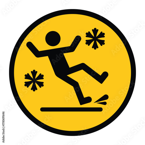 Circular yellow warning sign showing a person slipping on ice with snowflake icons. Symbol represents caution for icy or slippery surfaces, winter safety, and fall prevention awareness.