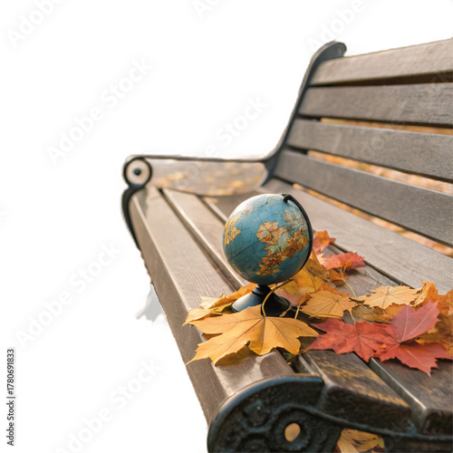 Tiny globe rests on park bench surrounded by vibrant autumn leaves evoking wanderlust and seasonal change
