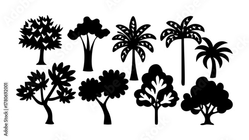 Diverse Tree Silhouettes: A collection of various tree silhouettes, each with unique forms and characteristics, offer a study in botanical variety, ready to bring design and nature together.